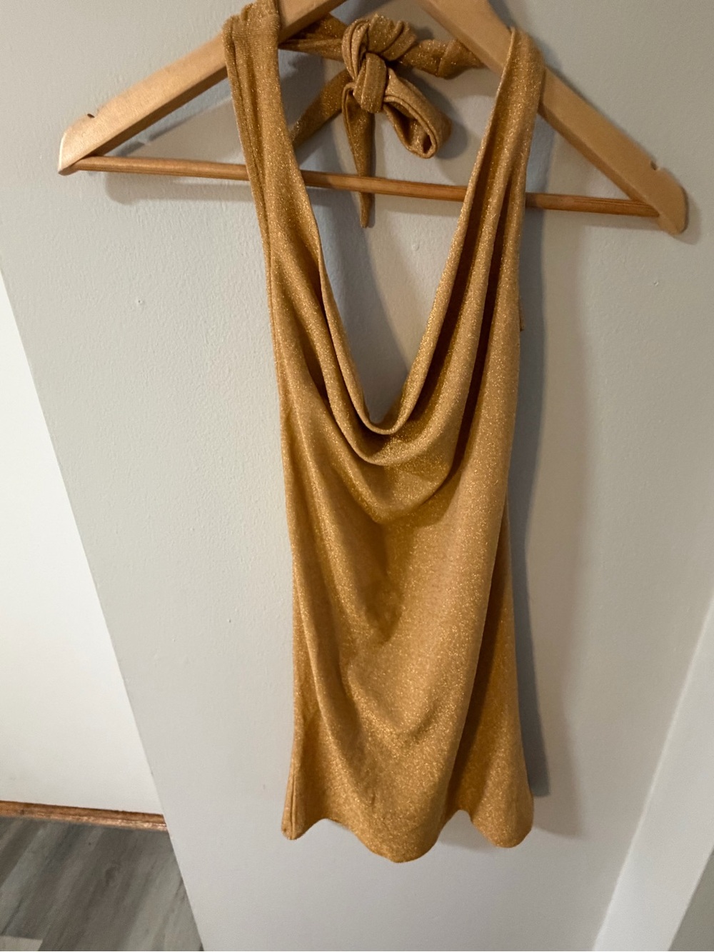 Express Gold Shimmer Cowl Halter Mini Dress